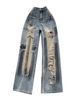 Women's Vintage Distressed High-Waisted Flared Jeans – Retro Blue Wide-Leg Denim Pants With Raw Hem & Ripped Details_mkmklike.com