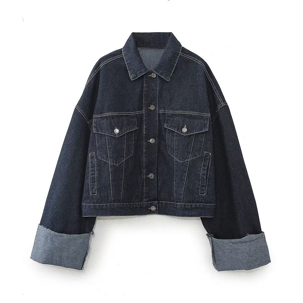 K Women's Denim Jacket With Flared Cuffed Trousers Set_mkmklike.com