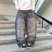 Men's Dark Gray Embroidered Skull Wide-Leg Jeans – Streetwear Loose Fit Pants, Gothic Punk Fashion_mkmklike.com