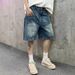 Men's Straight Leg Washed Blue Denim Shorts Retro Pocket Thick Casual Trendy Five Point Pants_mkmklike.com