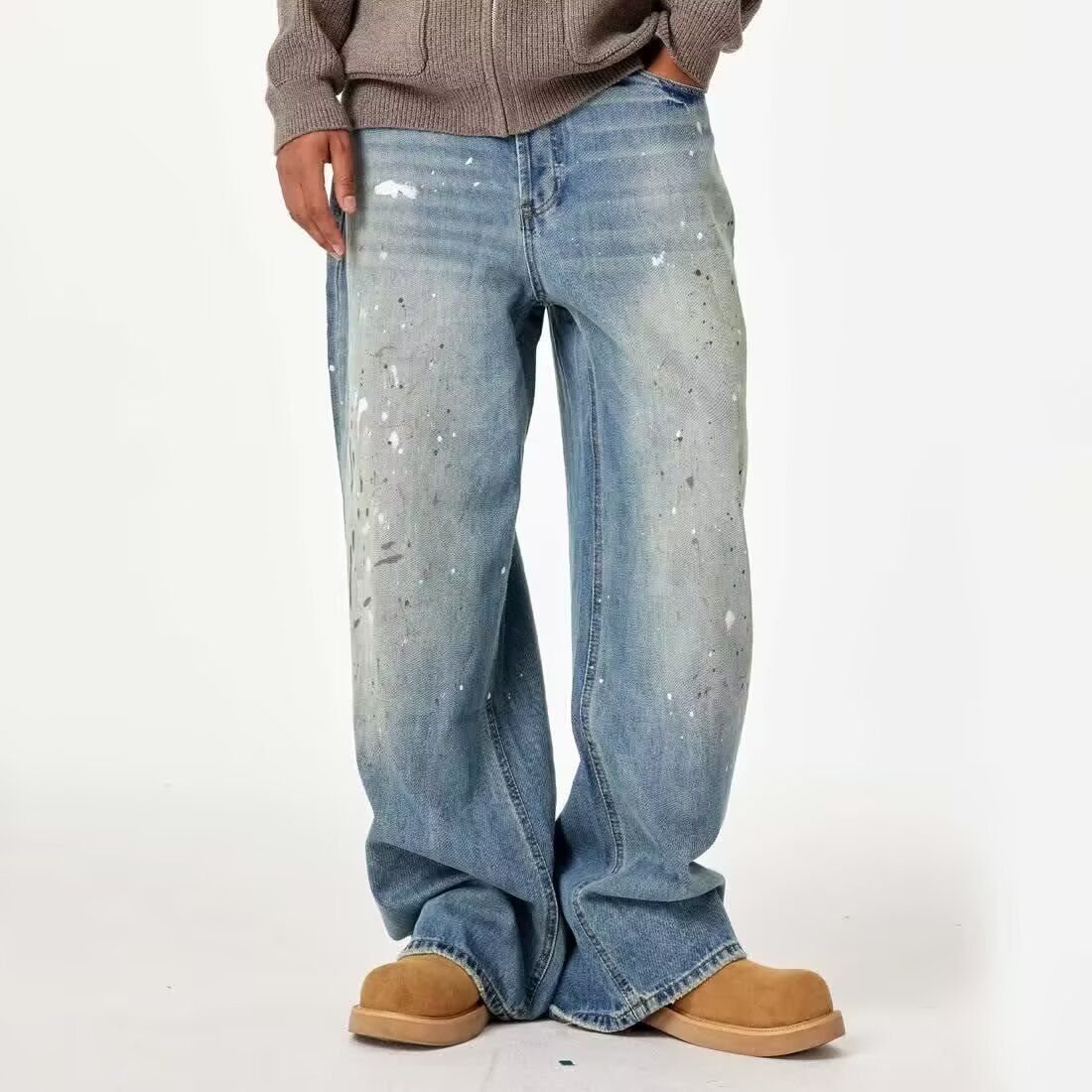Men's Vintage Washed High Street Wide Leg Jeans With Splatter Paint Design_mkmklike.com