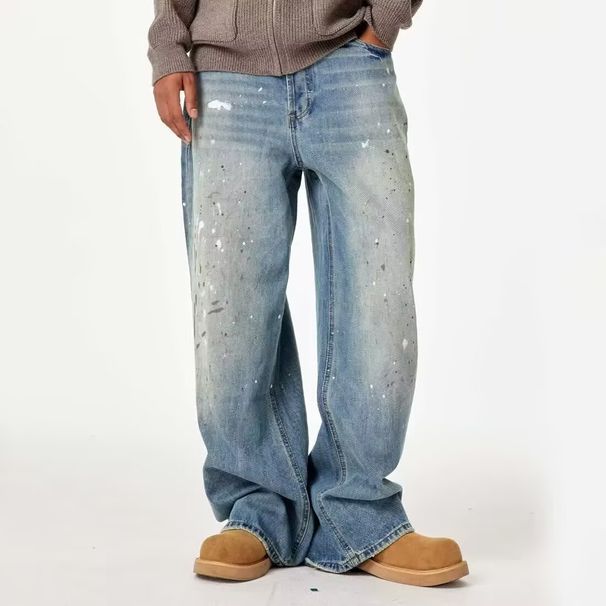 Men's Vintage Washed High Street Wide Leg Jeans With Splatter Paint Design_mkmklike.com