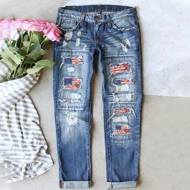 Women's Ripped Jeans Style Button Pocket Detail Flag Design Printed Trousers_mkmklike.com