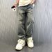 Trendy Jacquard All-Over Print Jeans For Men, Loose Straight Leg Washed Denim Pants, High Street Fashion Wide Leg Trousers_mkmklike.com