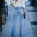 Vintage Light Blue Distressed Denim Flare Pants For Women - High Waist Stretchy Bootcut Jeans With Raw Hem - Retro 70s Style_mkmklike.com