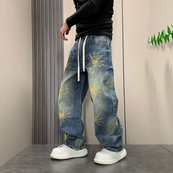 Men's Retro Hand Painted Straight Leg Jeans Washed Denim Spring Summer Trendy Casual Wide Leg Pants Loose Fitting_mkmklike.com