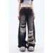 Men's Vintage Distressed Jeans - 90s Retro Washed Denim With Ripped Details, Oversized Straight Leg & High Street Drop Cuff For Summer_mkmklike.com