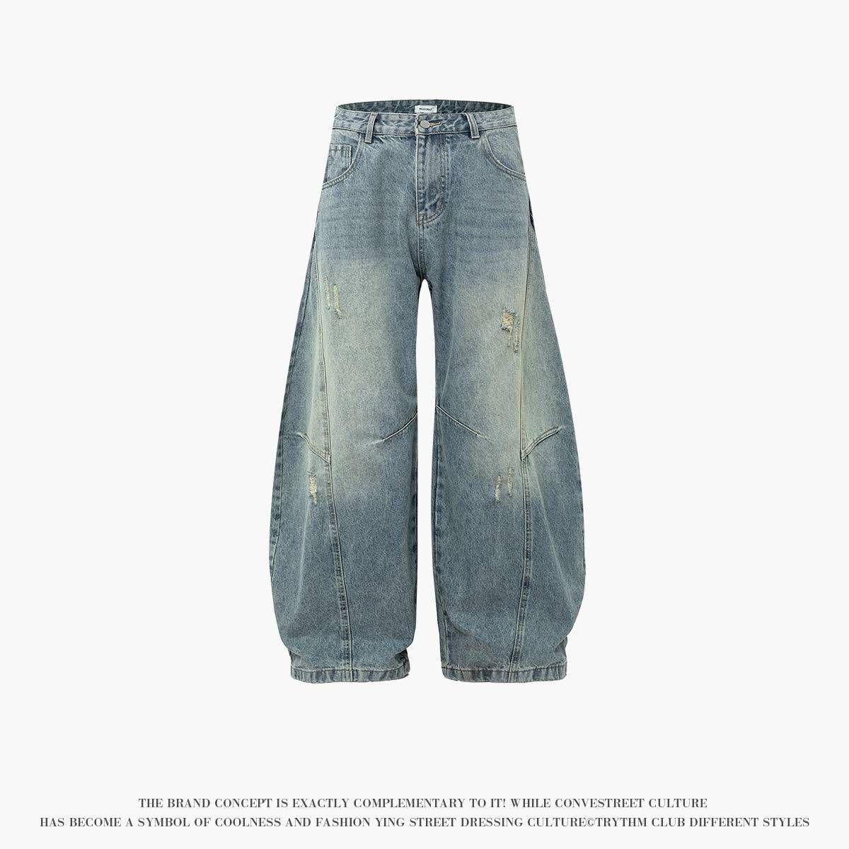 Men's Clothing New Worn Scimitar Pants Loose Mopping Washed Old Jeans American Retro Trousers_mkmklike.com