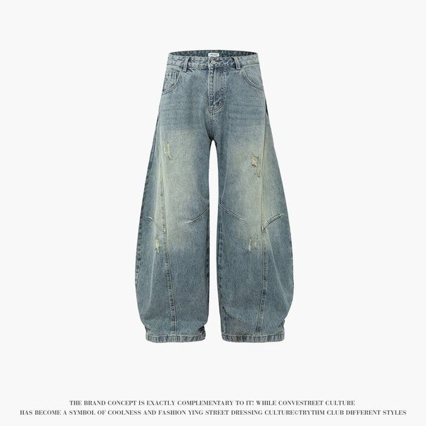 Men's Clothing New Worn Scimitar Pants Loose Mopping Washed Old Jeans American Retro Trousers_mkmklike.com