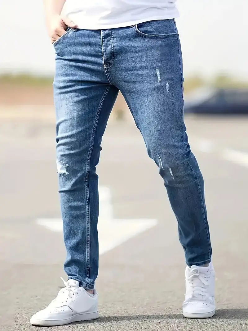 European And American Men's Slim-fit Stretch Holey Jeans, Tight Jeans, Men's Jean_mkmklike.com