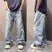 Men's Ripped Jeans Washed Loose Fit Ink Splatter Distressed Casual Long Pants Midweight Cotton Wide Leg Black Blue_mkmklike.com