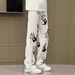American High Street Palm Print White Jeans Men's And Women's Hiphop Trendy Fried Street Straight Casual Versatile Trousers_mkmklike.com