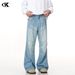 Vintage Washed Blue Straight Leg Jeans For Men & Women - Relaxed Fit Retro Denim Pants With Distressed Details_mkmklike.com