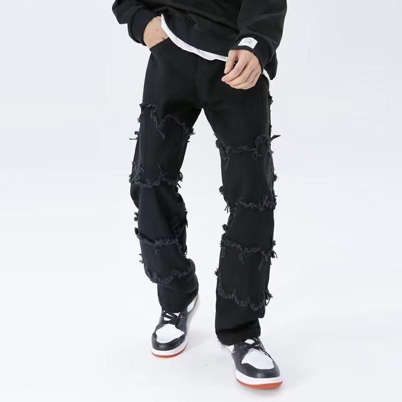 Men's Clothing Black Ripped Jeans Men's Black Ripped Jeans - Relaxed Fit Straight Leg Distressed Denim Pants For Casual Streetwear & Hip Hop Style_mkmklike.com