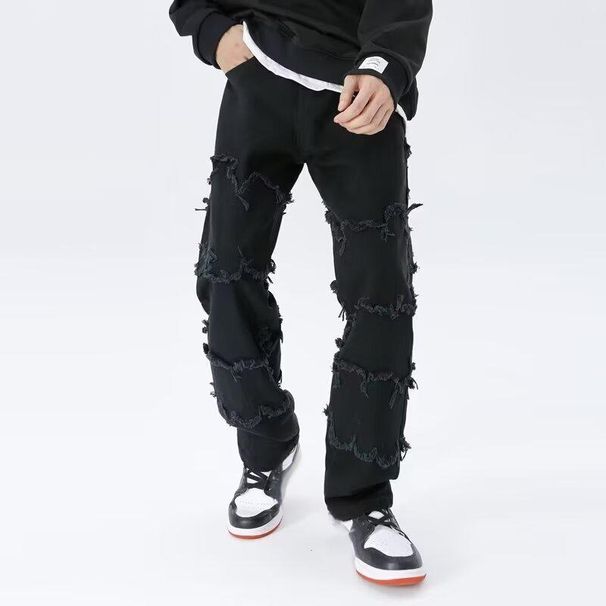Men's Clothing Black Ripped Jeans Men's Black Ripped Jeans - Relaxed Fit Straight Leg Distressed Denim Pants For Casual Streetwear & Hip Hop Style_mkmklike.com