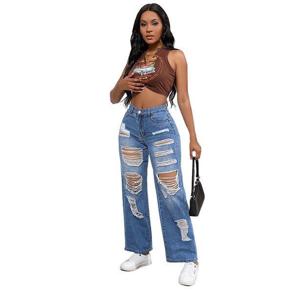 Women's Clothing Women's High-Waisted Ripped Jeans High Elasticity Loose Straight Leg Fashion Denim For Formal & Casual For Women_mkmklike.com