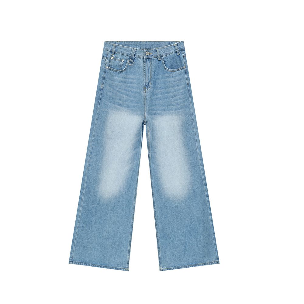Women's Light Blue Wide-Leg Jeans – Minimalist Style, High-Waisted Floor-Length (S-XL, Washed Denim)_mkmklike.com
