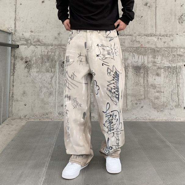 Men's Clothing High Street Ink Splashed Design Jeans For Men Spring And Autumn Trendy Casual Straight Pants For Men_mkmklike.com