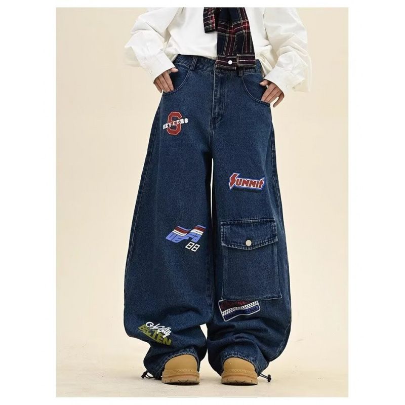 Unisex Embroidered Dagger Denim Jeans - Oversized Streetwear Pants With Vintage Wash & Drop Hem For Urban Fashion Lovers_mkmklike.com