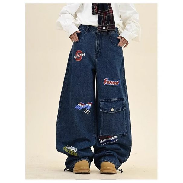 Unisex Embroidered Dagger Denim Jeans - Oversized Streetwear Pants With Vintage Wash & Drop Hem For Urban Fashion Lovers_mkmklike.com