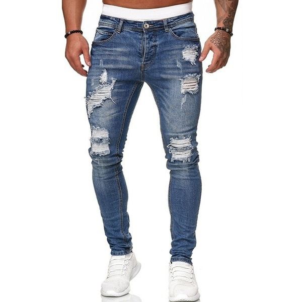 Men's Clothing Fashion Jeans New Men's Pants With Holes, Ground White, Slim Fitting Denim Fashionable Small Leg Pants, Men Hot Selling_mkmklike.com