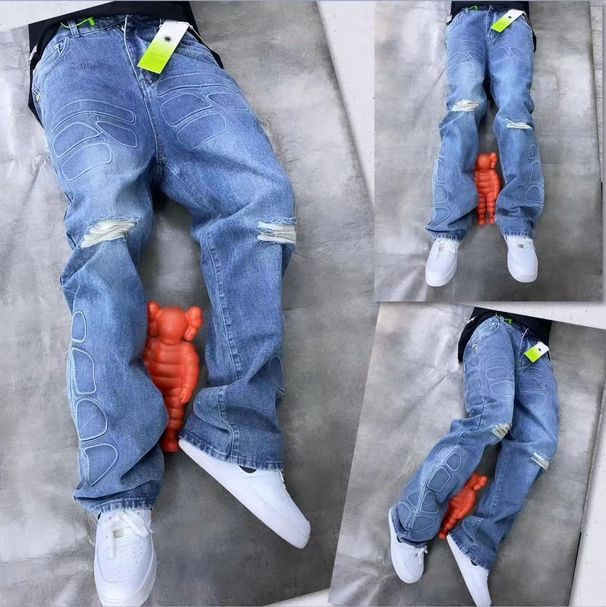 Cleanfit Vintage Washed Distressed Jeans – Relaxed Straight-Leg Denim Pants With Armor-Inspired Rips For Men, High Street Fashion_mkmklike.com