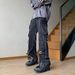 Men's Streetwear Cargo Jeans – Zip & Strap Detail, Loose Fit, High-Street Aesthetic (S-3XL, Black/Blue)_mkmklike.com