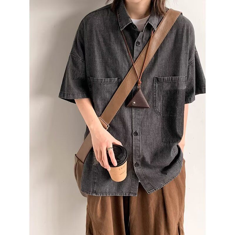 Men's Clothing Retro Washed Old Denim Shirt Short Sleeves Summer Trendy Ins Loose Design Work Shirt_mkmklike.com