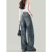 Unique Retro Blue Ripped Wide-leg Jeans For Women, Summer American-style Distressed Loose Straight-leg Pants, Versatile_mkmklike.com
