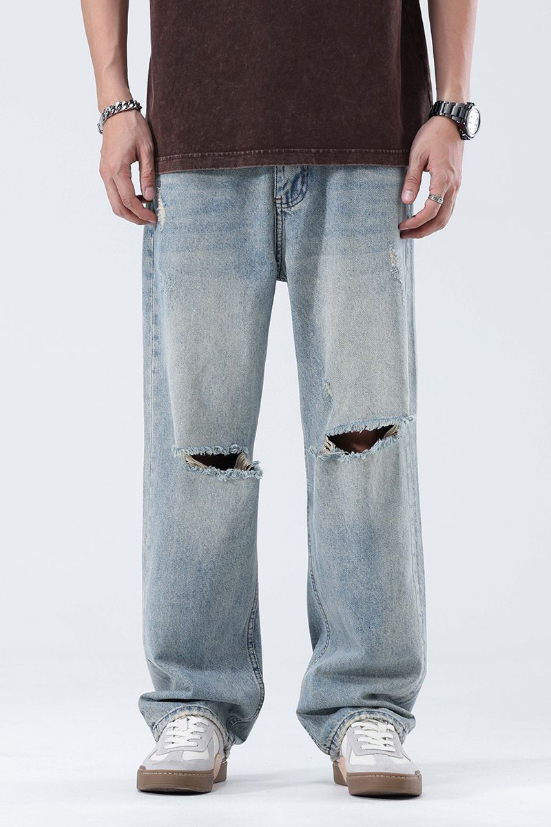 Current Summer Blue Ripped Wide-Leg Pants Young Korean Style Street Fashion Casual Versatile Straight-Leg Jeans For Men_mkmklike.com