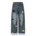 American Street Style Bear Embroidery Straight-Leg Jeans For Men With Design Sense, Rolled Hem, Color-Block Plaid_mkmklike.com