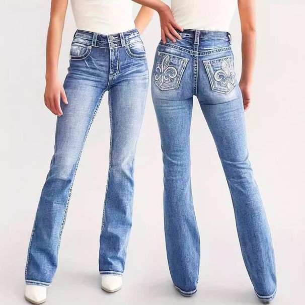 Women's High-Waisted Embroidered Skinny Jeans – Stretch Denim With Gothic Stitching (S-XXL, Light Blue, Cotton Blend, Slim Fit, Gothic Streetwear)_mkmklike.com