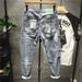 Men's Trendy Patchwork Denim Jeans Korean Style Slim Fit Stretchy Skinny Jeans Mid Waist Long Straight Pants_mkmklike.com