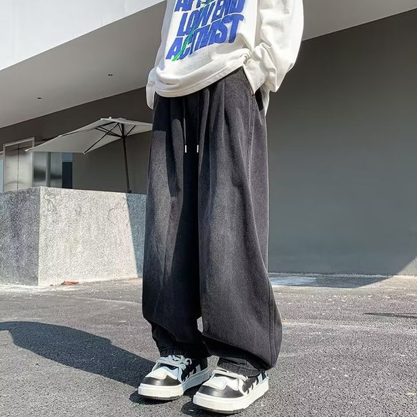Men's Washed Distressed Denim Jeans Summer Style High Street Cool Trendy Loose Straight Leg Wide Leg Casual Trousers_mkmklike.com