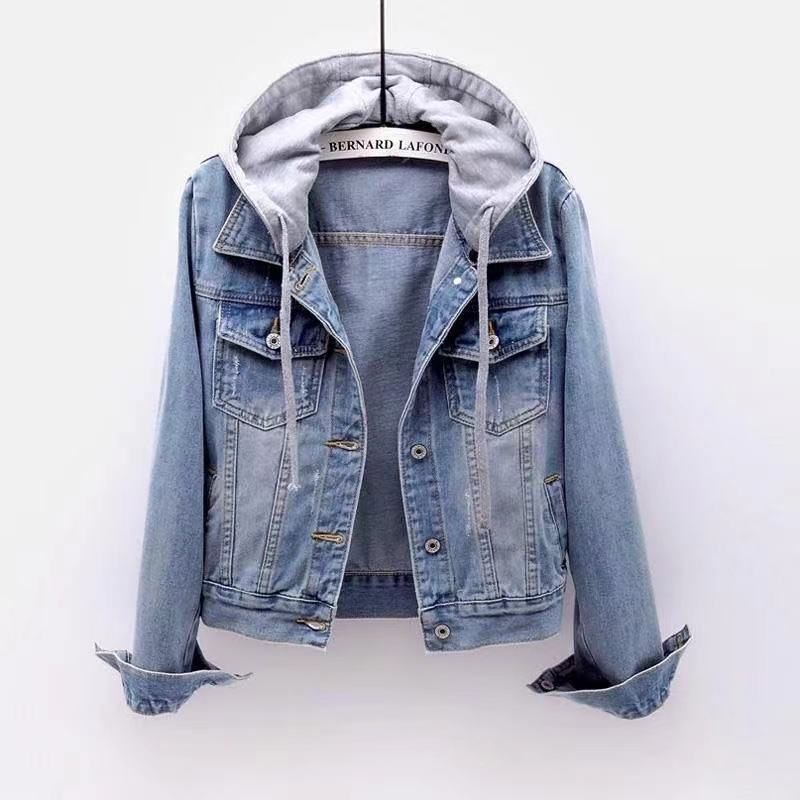 Women's Denim Jacket With Hood Oversized Casual Coat Long Sleeve Spring/Fall Outerwear Comfortable Stretch Fit For Students Work ( Light/Deep Blue)_mkmklike.com