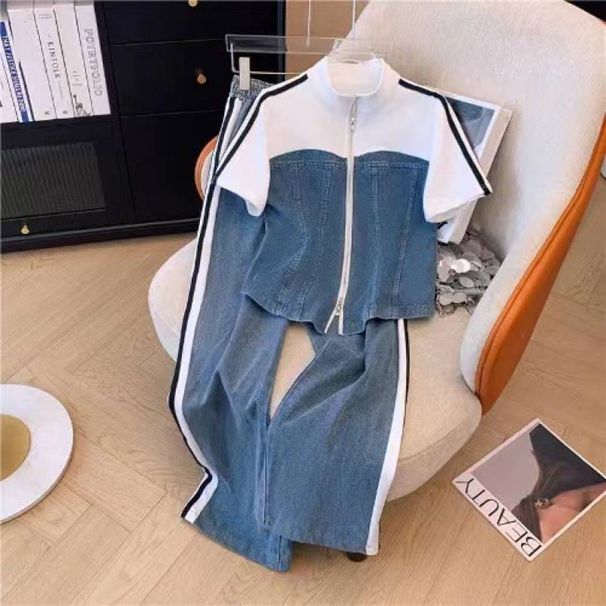 New Women's Contrasting Color Stand Up Collar Zipper Two-piece Top, Wide Leg Pants, Sporty High-end Slimming Two-piece Set_mkmklike.com