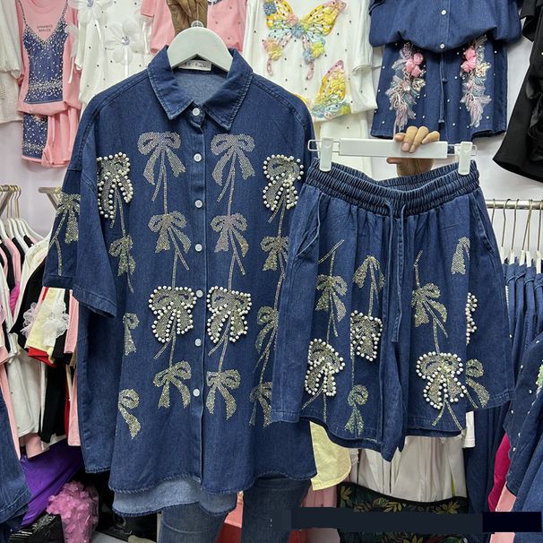 Women's Clothing Bow Denim Shirt Top + Denim Wide Leg Shorts Two Piece Set_mkmklike.com