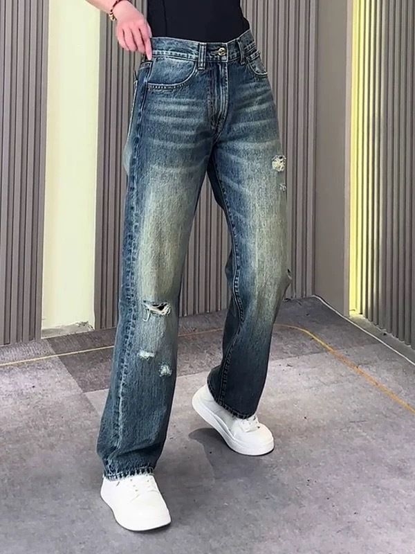 Distressed Men's Jeans | Streetwear Relaxed Straight Fit | Ripped & Washed Denim Pants_mkmklike.com