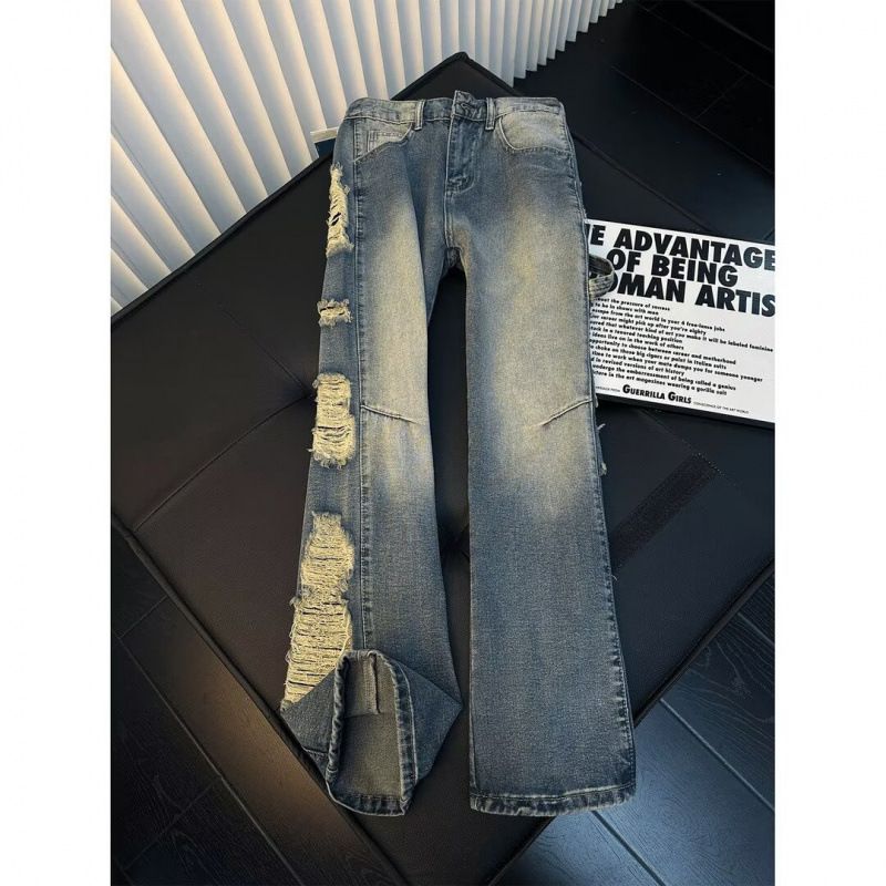 Men's Clothing Unisex Retro Distressed Jeans Loose Wide Leg Pants Summer Trendy Denim For Formal & Casual Washed Denim_mkmklike.com