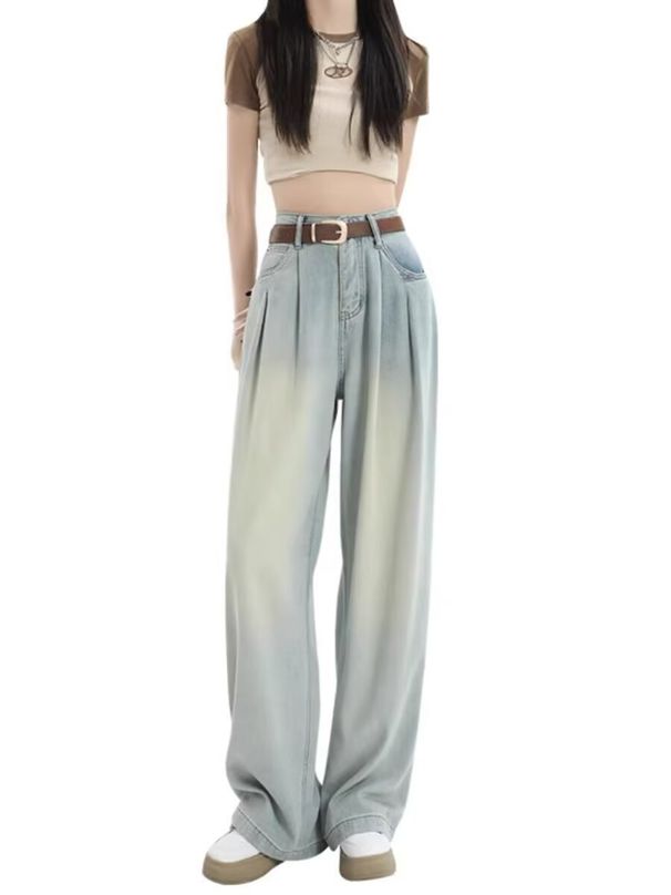 American-Style White Wide-Leg Jeans For Women - High-Waisted Wrinkle-Free Cotton Blend, Loose Straight Fit With Elegant Pleats_mkmklike.com