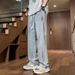 Men's Style Straight Leg Jeans High Street Retro Trendy Loose Wide Leg Floor Length Pants With Elastic Waistband_mkmklike.com