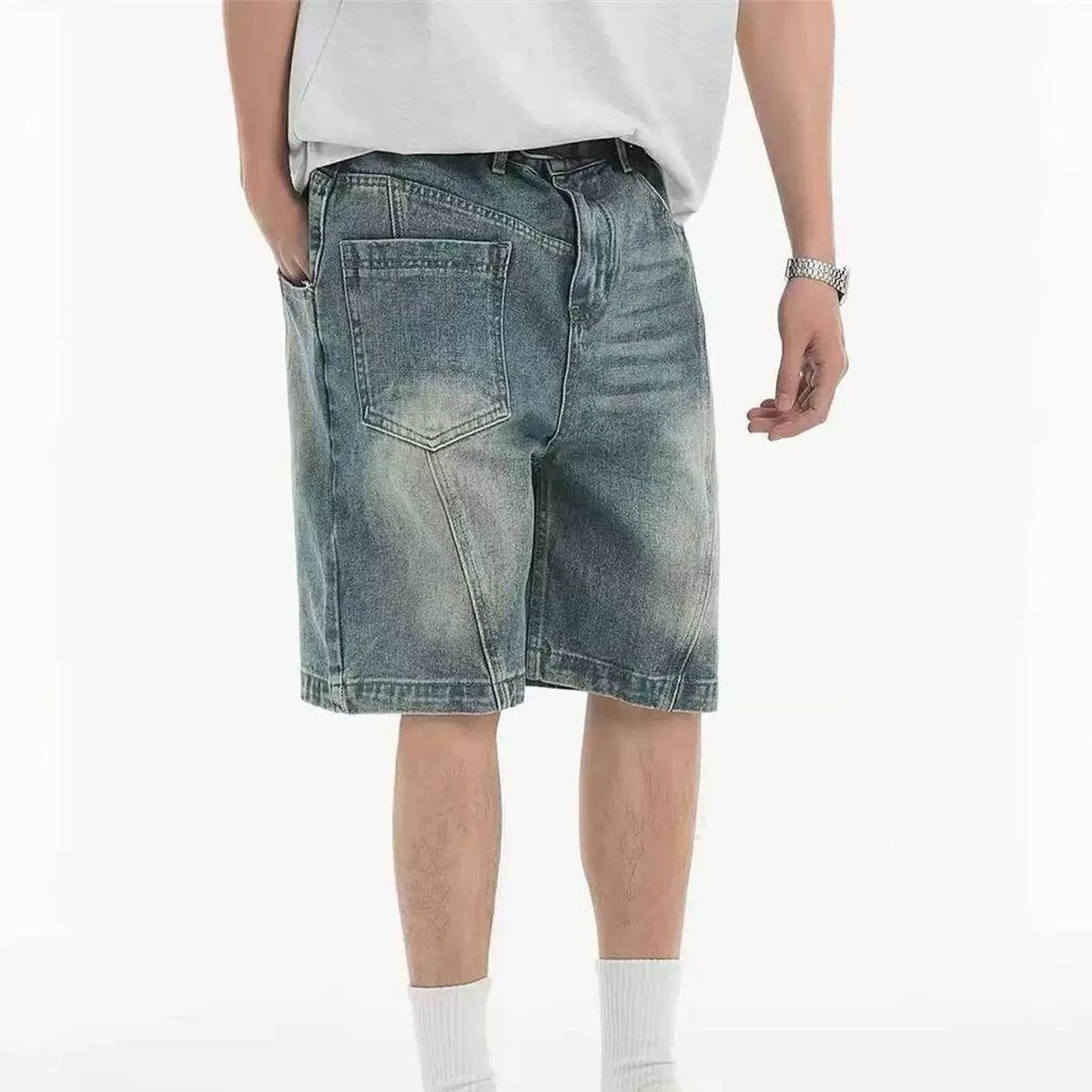 Unisex Retro Washed Denim Shorts Casual Loose Wide Leg Five Point Pants Reverse Design Street Style_mkmklike.com