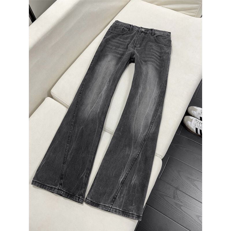 Trendy American Retro Washed Denim Jeans Men's Straight Leg Slim Fit Cracked Lightning Pattern Curved Trousers_mkmklike.com