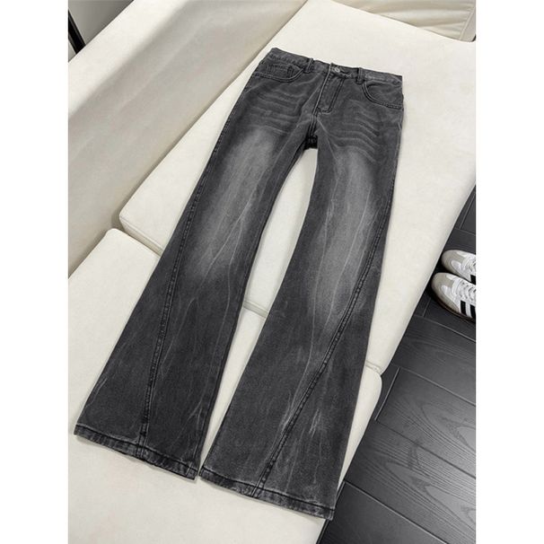 Trendy American Retro Washed Denim Jeans Men's Straight Leg Slim Fit Cracked Lightning Pattern Curved Trousers_mkmklike.com