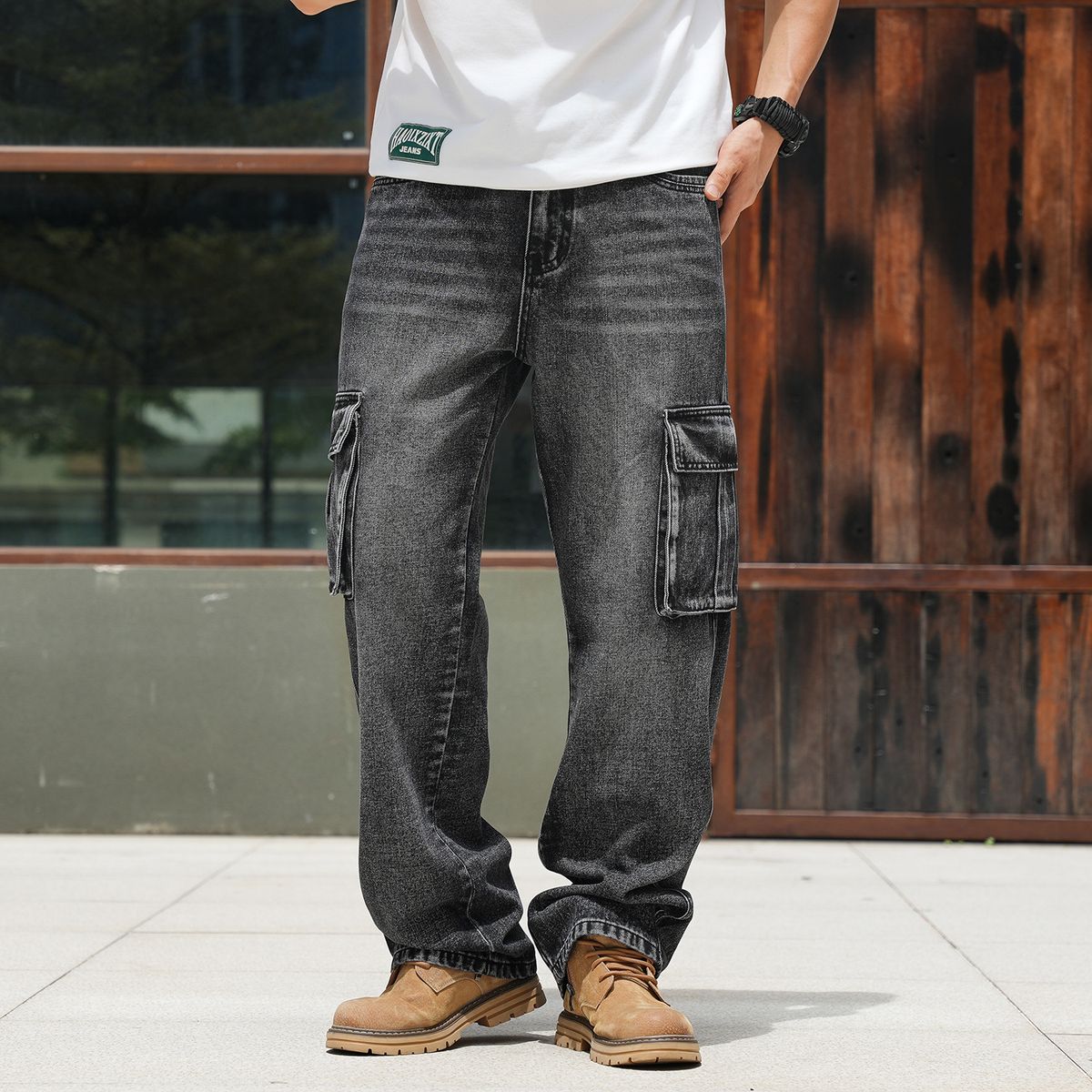 Multi-pocket European And American Tooling Jeans Men's Wide Legs Loose Large Size Cross Mirror_mkmklike.com