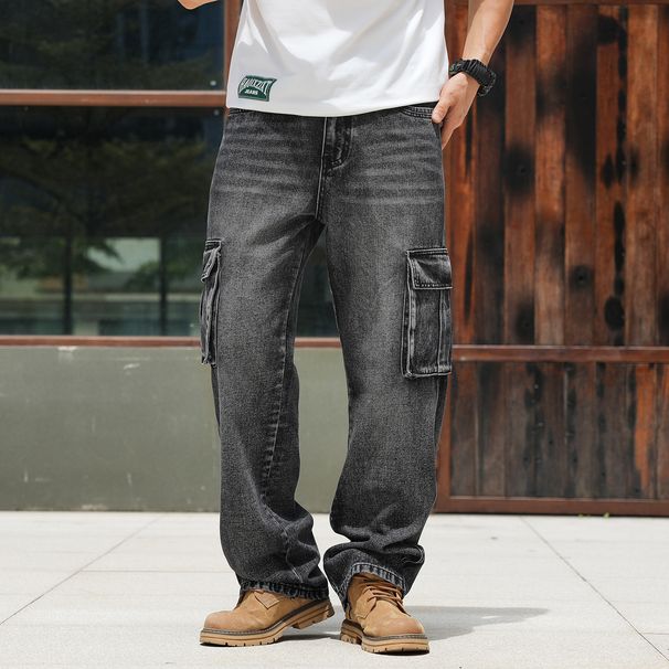 Multi-pocket European And American Tooling Jeans Men's Wide Legs Loose Large Size Cross Mirror_mkmklike.com