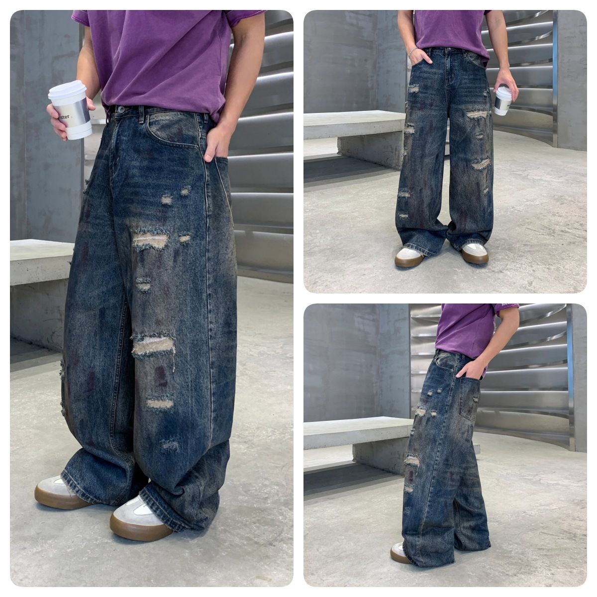 Men's Clothing Unisex Retro Style Faux Ripped Jeans Loose Fit Straight Leg Bronze Gray Washed Trendy Graffiti Design Casual Pants_mkmklike.com