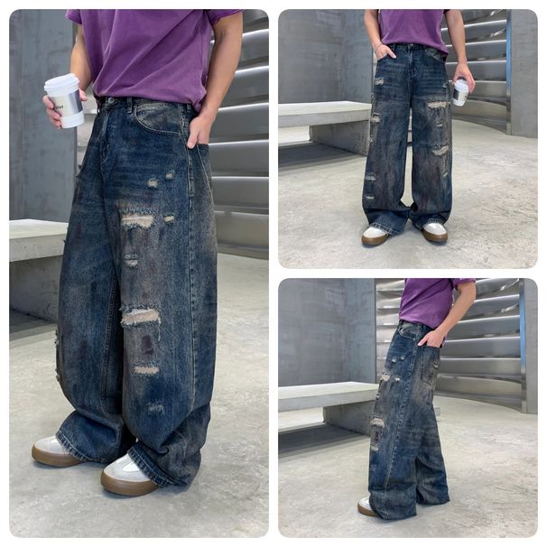 Men's Clothing Unisex Retro Style Faux Ripped Jeans Loose Fit Straight Leg Bronze Gray Washed Trendy Graffiti Design Casual Pants_mkmklike.com