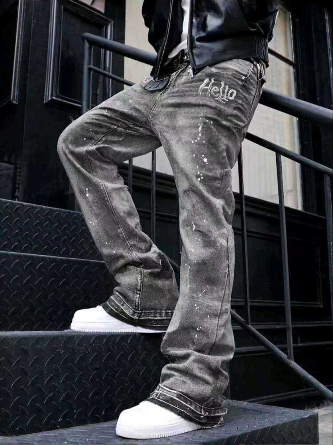 Men's Premium Washed Denim Jeans - 3D Metal "HELLO" Letter & Splatter Paint Hip-Hop Jeans_mkmklike.com