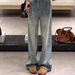 Women's Light Blue Flared Jeans With Firework Rhinestone Details – Fleece-Lined Winter Pants, High-Waisted Straight-Leg Denim For A Slimming Look_mkmklike.com